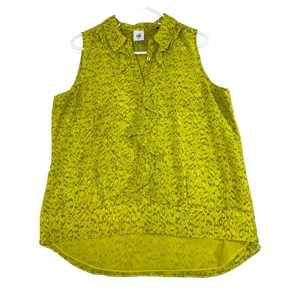 CAbi Medium Black Green Printed V-Neck Cold Shoulders Tank Sleeveless Women's
